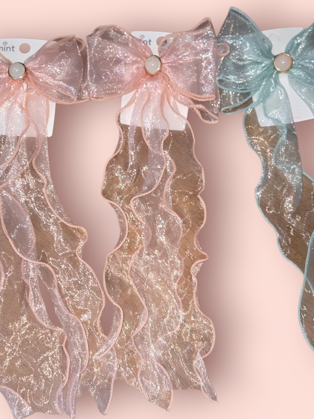 Set Of 3 Mint Girls Sparkle Ribbon Bow Hair Clips - Pink and Light Blue